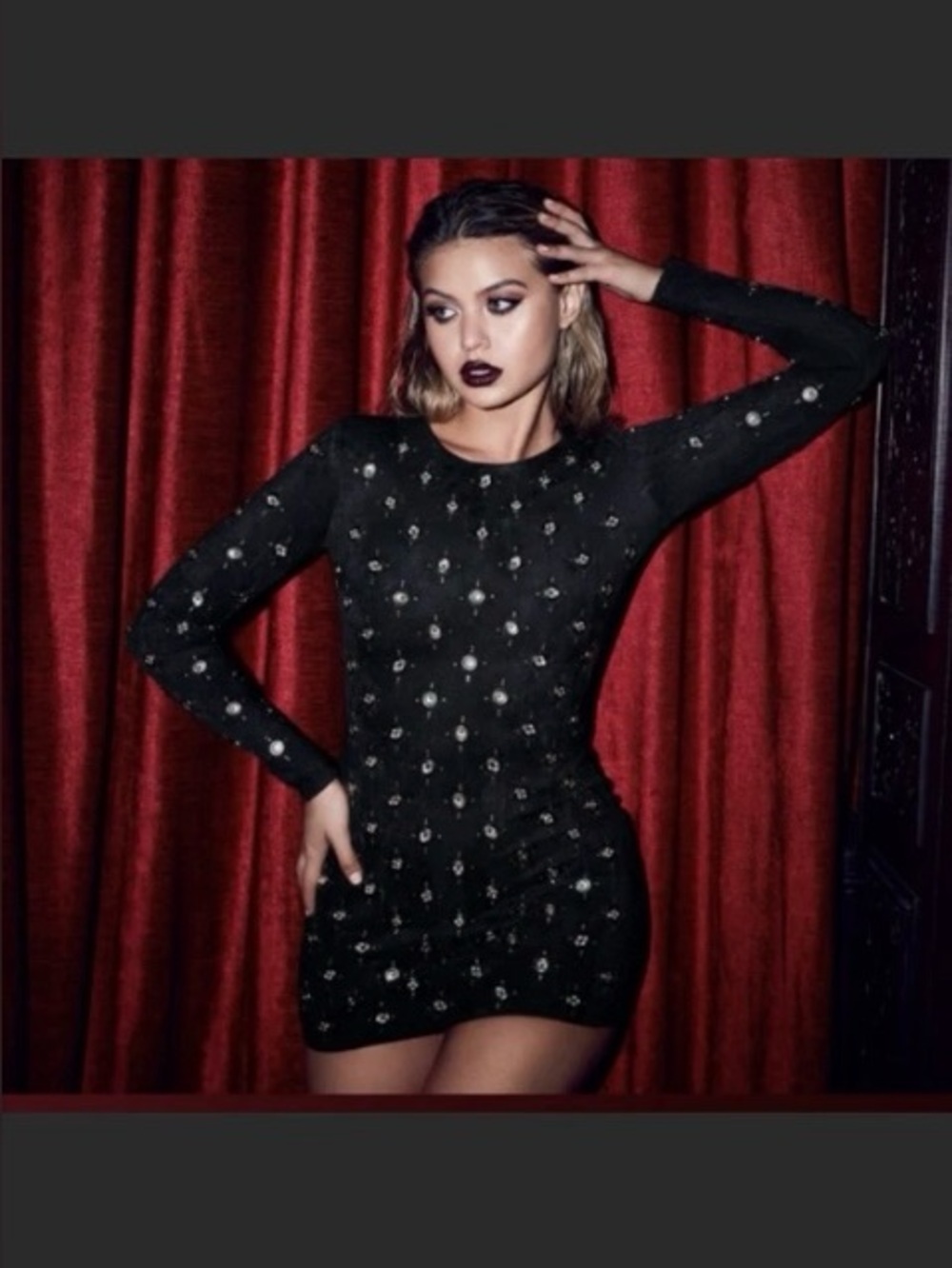 Oh Polly Black Long Sleeve Embellished Mini Dress with Gold Accents